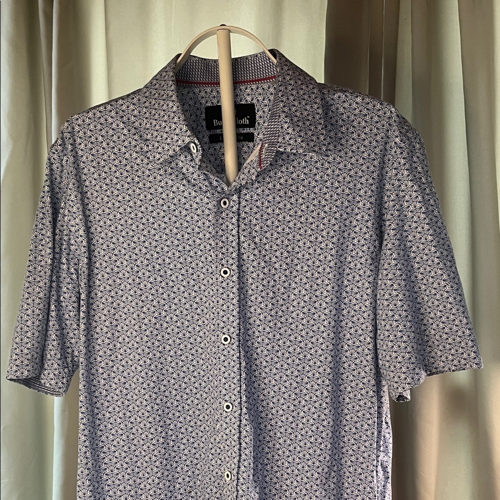 Buttercloth Button Front Short Sleeve Polo Blue and White Geometric Shirt L Tall